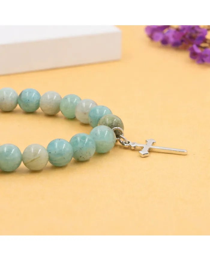 Amazonite 8mm Beads Bracelet - 925 Silver Cross Charm Unisex Jewelry