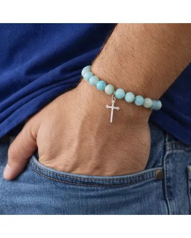 Amazonite 8mm Beads Bracelet - 925 Silver Cross Charm Unisex Jewelry