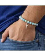 Amazonite 8mm Beads Bracelet - 925 Silver Cross Charm Unisex Jewelry