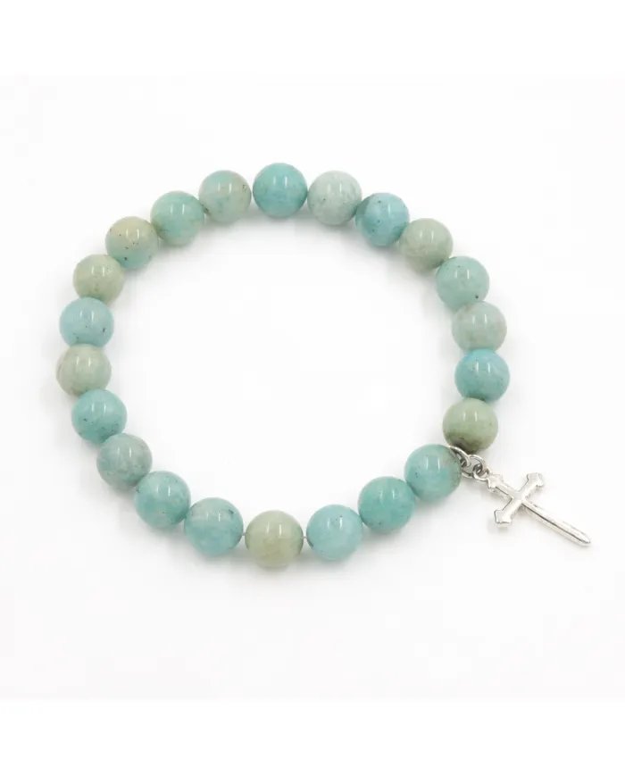 Amazonite 8mm Beads Bracelet - 925 Silver Cross Charm Unisex Jewelry