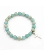 Amazonite 8mm Beads Bracelet - 925 Silver Cross Charm Unisex Jewelry