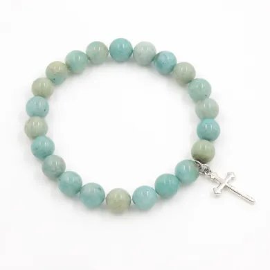Amazonite 8mm Beads Bracelet - 925 Silver Cross Charm Unisex Jewelry