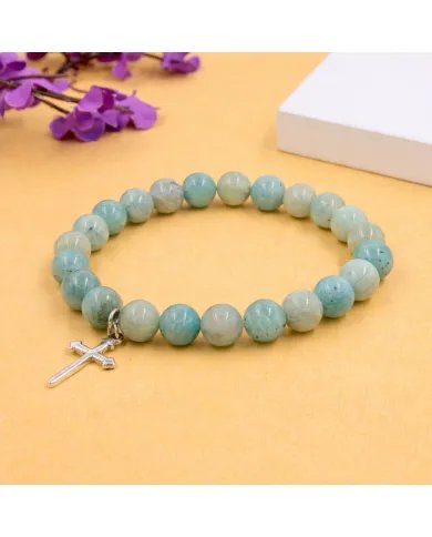 Amazonite 8mm Beads Bracelet - 925 Silver Cross Charm Unisex Jewelry