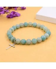 Amazonite 8mm Beads Bracelet - 925 Silver Cross Charm Unisex Jewelry