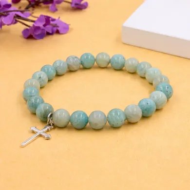 Amazonite 8mm Beads Bracelet - 925 Silver Cross Charm Unisex Jewelry
