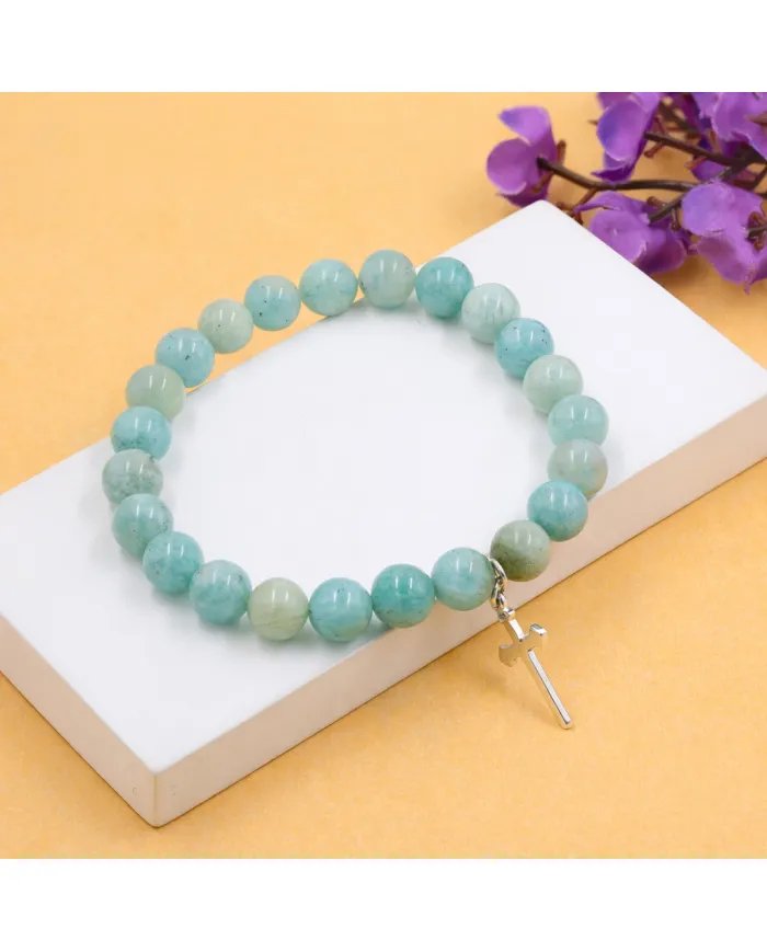 Amazonite 8mm Beads Bracelet - 925 Silver Cross Charm Unisex Jewelry
