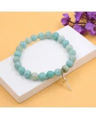 Amazonite 8mm Beads Bracelet - 925 Silver Cross Charm Unisex Jewelry