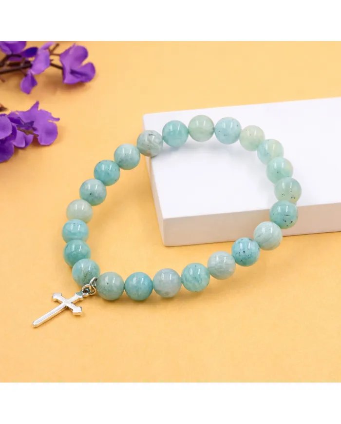Amazonite 8mm Beads Bracelet - 925 Silver Cross Charm Unisex Jewelry