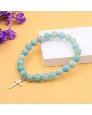 Amazonite 8mm Beads Bracelet - 925 Silver Cross Charm Unisex Jewelry