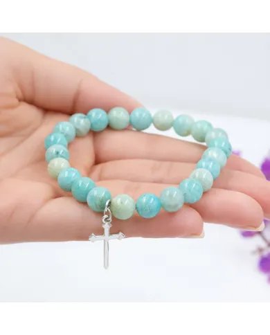 Amazonite 8mm Beads Bracelet - 925 Silver Cross Charm Unisex Jewelry