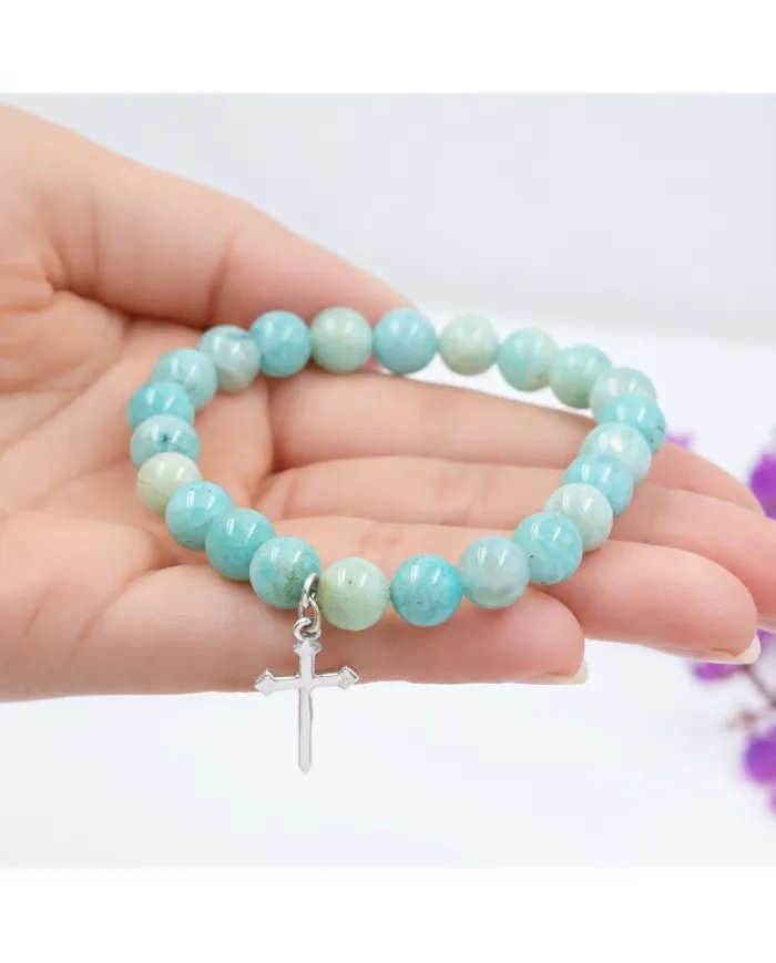 Amazonite 8mm Beads Bracelet - 925 Silver Cross Charm Unisex Jewelry
