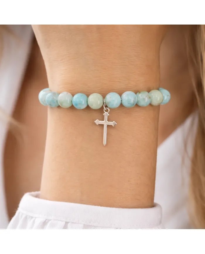 Amazonite 8mm Beads Bracelet - 925 Silver Cross Charm Unisex Jewelry