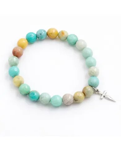 8mm Amazonite Bead Bracelet - 925 Silver Cross Charm Unisex Jewelry