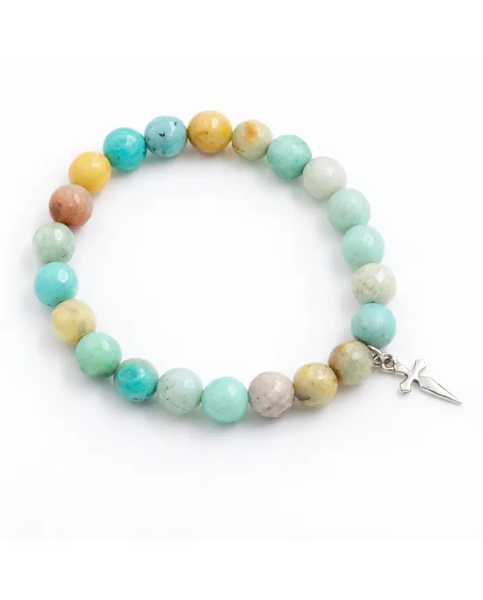 8mm Amazonite Bead Bracelet - 925 Silver Cross Charm Unisex Jewelry