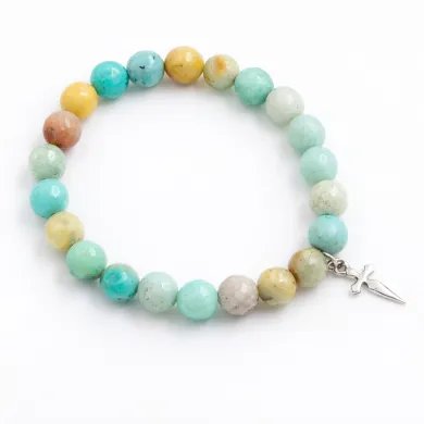 8mm Amazonite Bead Bracelet - 925 Silver Cross Charm Unisex Jewelry