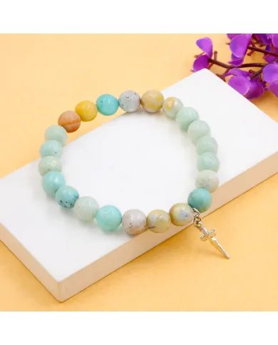 8mm Amazonite Bead Bracelet - 925 Silver Cross Charm Unisex Jewelry
