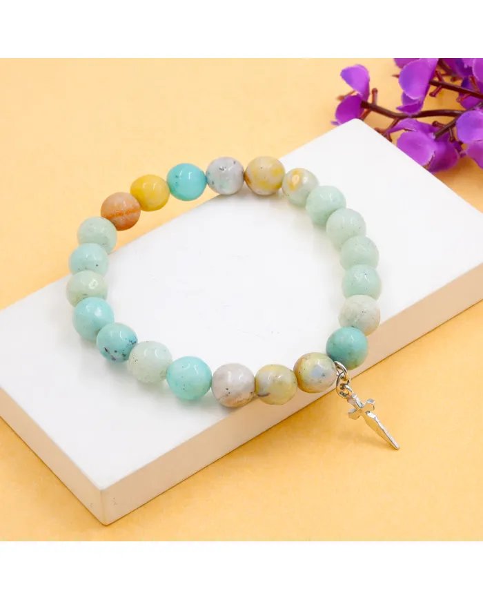 8mm Amazonite Bead Bracelet - 925 Silver Cross Charm Unisex Jewelry