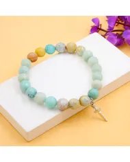 8mm Amazonite Bead Bracelet - 925 Silver Cross Charm Unisex Jewelry