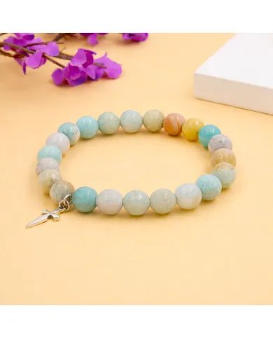 8mm Amazonite Bead Bracelet - 925 Silver Cross Charm Unisex Jewelry