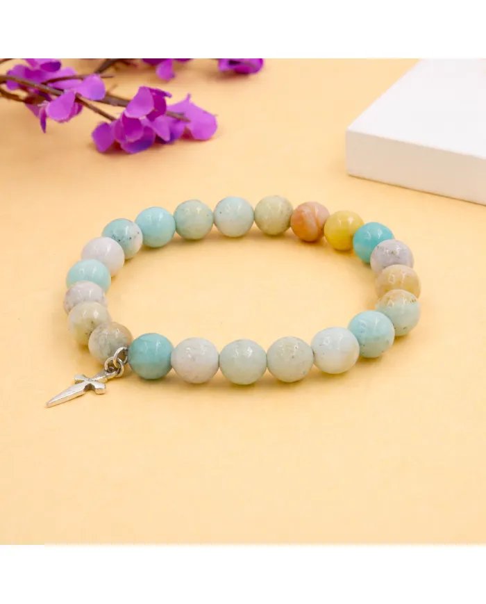 8mm Amazonite Bead Bracelet - 925 Silver Cross Charm Unisex Jewelry