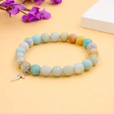 8mm Amazonite Bead Bracelet - 925 Silver Cross Charm Unisex Jewelry
