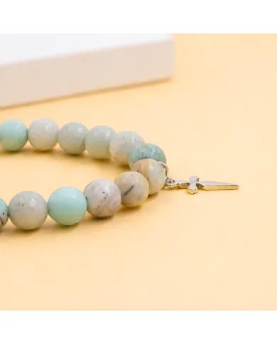 8mm Amazonite Bead Bracelet - 925 Silver Cross Charm Unisex Jewelry