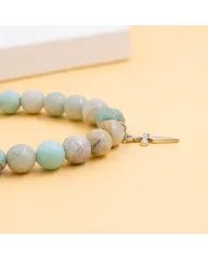 8mm Amazonite Bead Bracelet - 925 Silver Cross Charm Unisex Jewelry