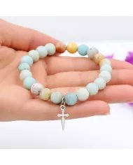 8mm Amazonite Bead Bracelet - 925 Silver Cross Charm Unisex Jewelry
