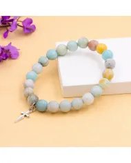 8mm Amazonite Bead Bracelet - 925 Silver Cross Charm Unisex Jewelry