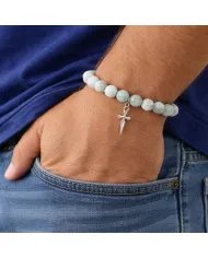 8mm Amazonite Bead Bracelet - 925 Silver Cross Charm Unisex Jewelry