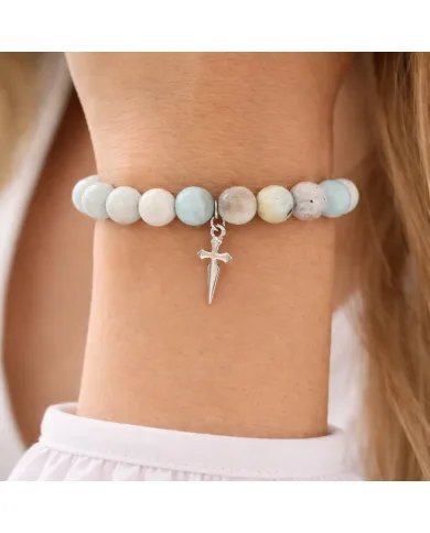8mm Amazonite Bead Bracelet - 925 Silver Cross Charm Unisex Jewelry