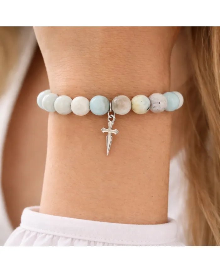 8mm Amazonite Bead Bracelet - 925 Silver Cross Charm Unisex Jewelry