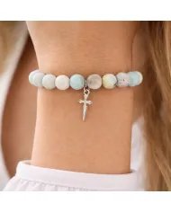 8mm Amazonite Bead Bracelet - 925 Silver Cross Charm Unisex Jewelry