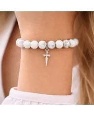Howlite 8mm Beads Bracelet - 925 Silver Handmade Cross Charm