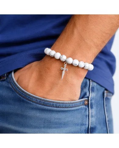 Howlite 8mm Beads Bracelet - 925 Silver Handmade Cross Charm