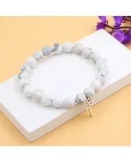 Howlite 8mm Beads Bracelet - 925 Silver Handmade Cross Charm