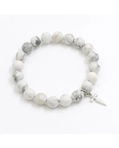 Howlite 8mm Beads Bracelet - 925 Silver Handmade Cross Charm