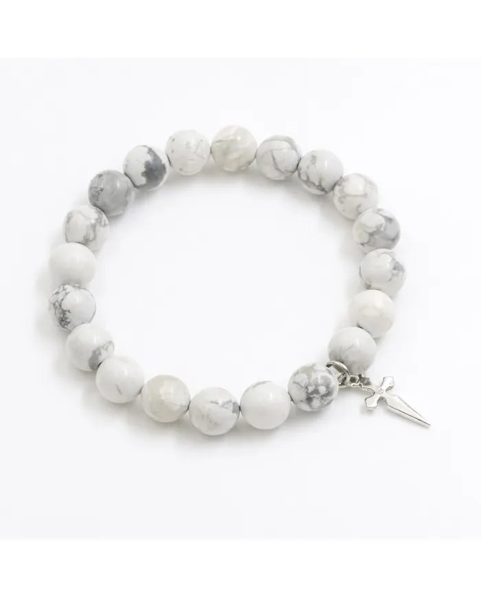 Howlite 8mm Beads Bracelet - 925 Silver Handmade Cross Charm