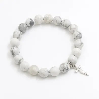 Howlite 8mm Beads Bracelet - 925 Silver Handmade Cross Charm