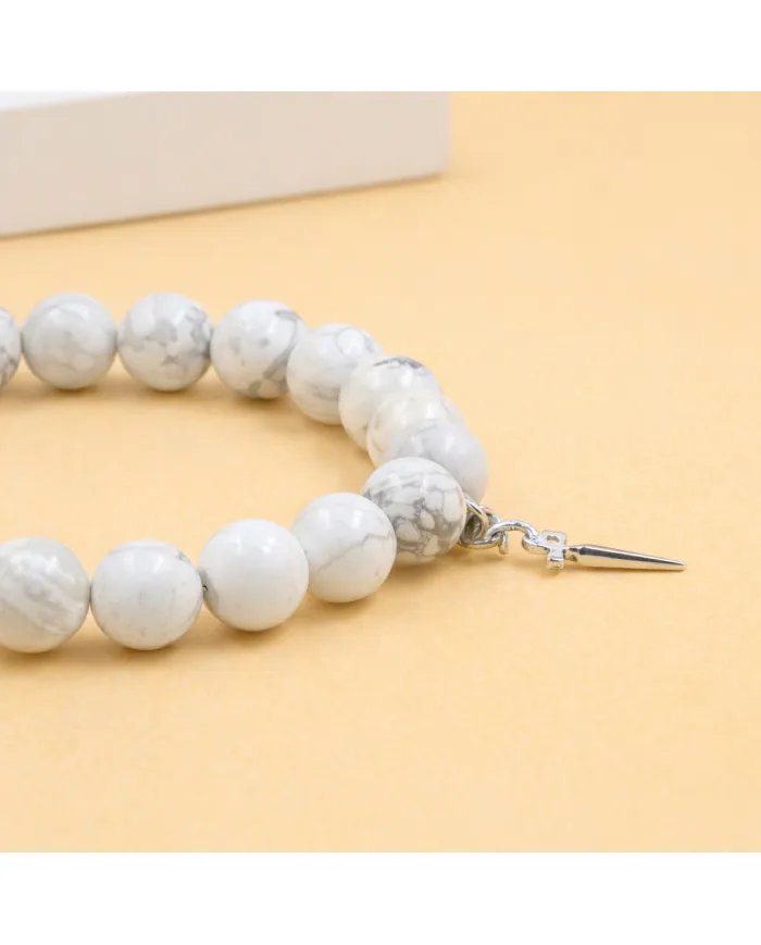 Howlite 8mm Beads Bracelet - 925 Silver Handmade Cross Charm
