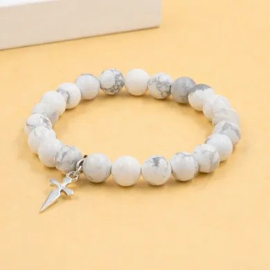 Howlite 8mm Beads Bracelet - 925 Silver Handmade Cross Charm