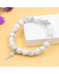 Howlite 8mm Beads Bracelet - 925 Silver Handmade Cross Charm
