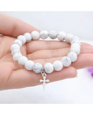 Howlite 8mm Beads Bracelet - 925 Silver Handmade Cross Charm