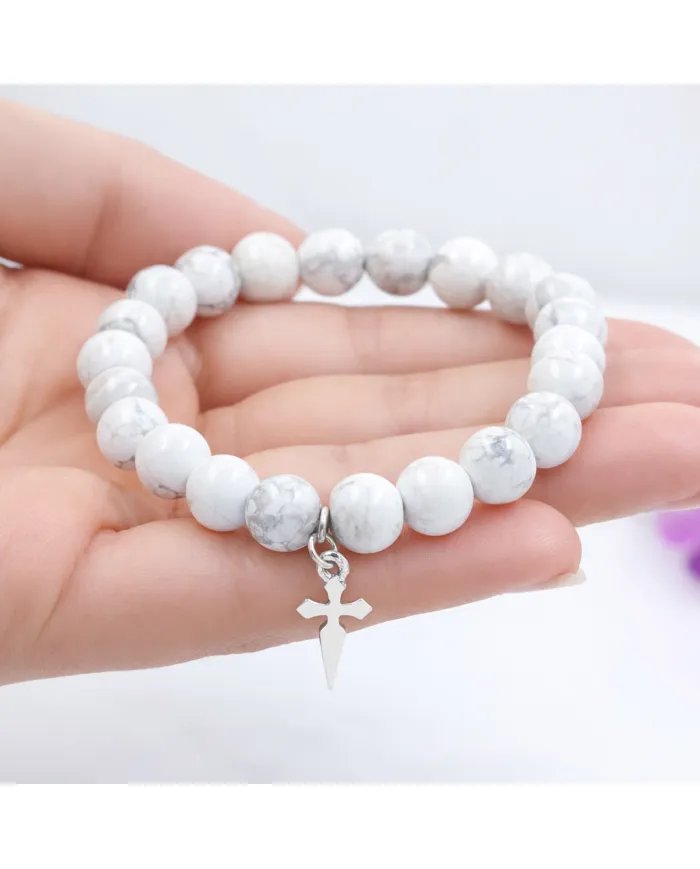 Howlite 8mm Beads Bracelet - 925 Silver Handmade Cross Charm