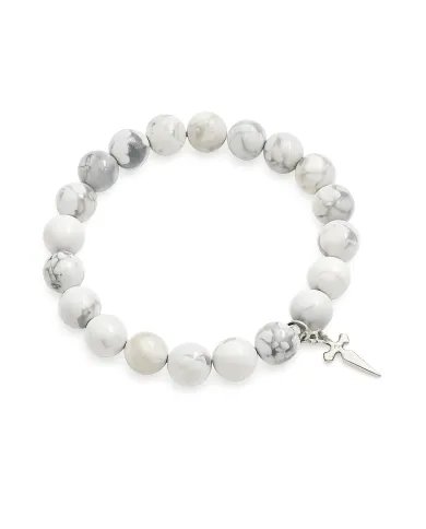 Howlite 8mm Beads Bracelet - 925 Silver Handmade Cross Charm