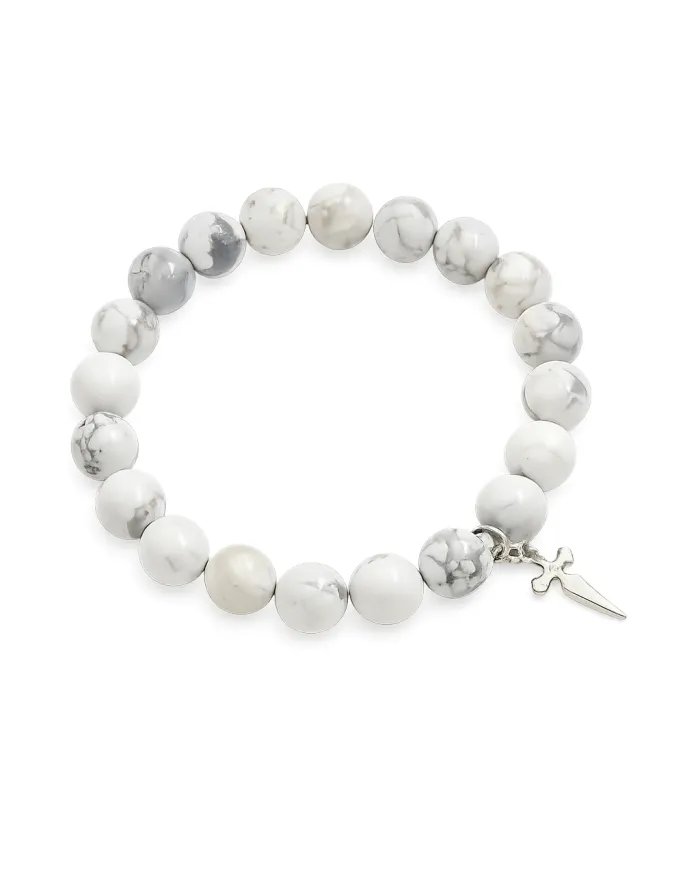 Howlite 8mm Beads Bracelet - 925 Silver Handmade Cross Charm