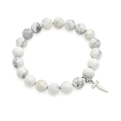Howlite 8mm Beads Bracelet - 925 Silver Handmade Cross Charm