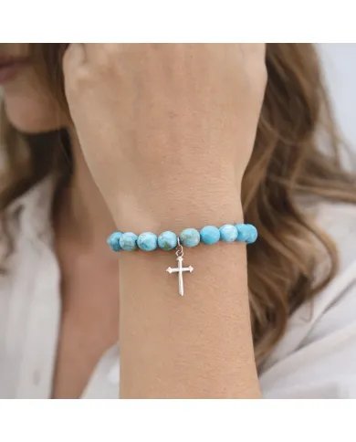 Arizona Turquoise 8mm Bead Bracelet - 925 Sterling Silver Cross Charm