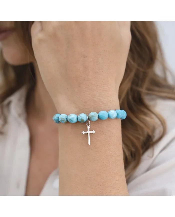 Arizona Turquoise 8mm Bead Bracelet - 925 Sterling Silver Cross Charm