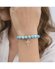 Arizona Turquoise 8mm Bead Bracelet - 925 Sterling Silver Cross Charm